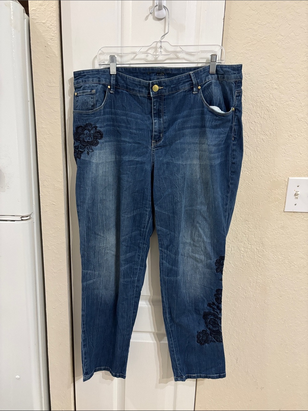 Chico's Dark Blue Straight-Leg Jeans with Black Floral Embroidery
